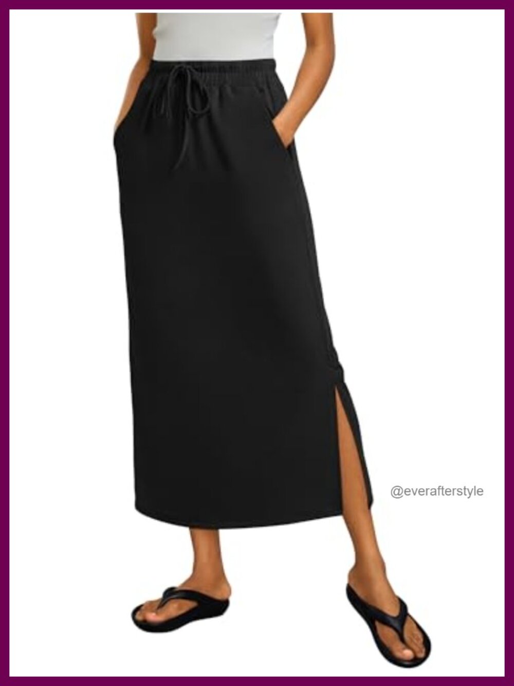 High Waist Maxi Skirt with Drawstring, Side Slits & Pockets